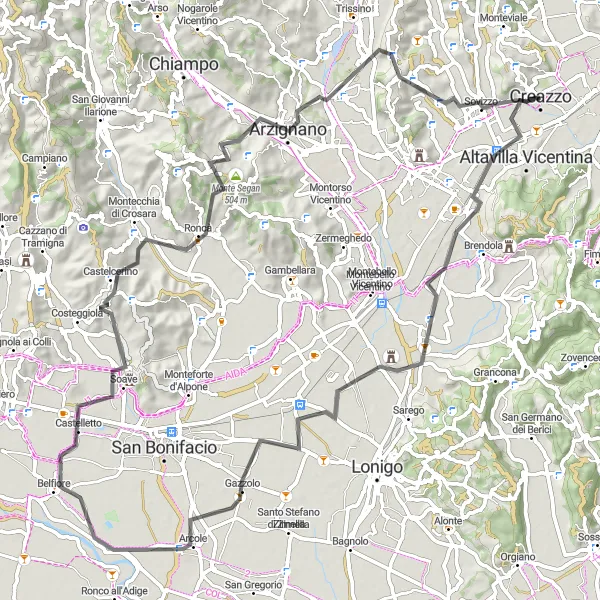 Map miniature of "Creazzo to Soave Vineyards" cycling inspiration in Veneto, Italy. Generated by Tarmacs.app cycling route planner