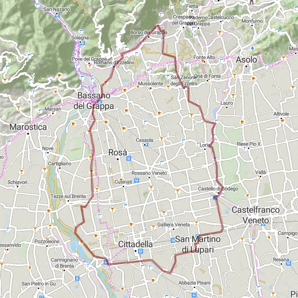 Miniaturní mapa "Gravelový okruh kolem Bassana del Grappa" inspirace pro cyklisty v oblasti Veneto, Italy. Vytvořeno pomocí plánovače tras Tarmacs.app