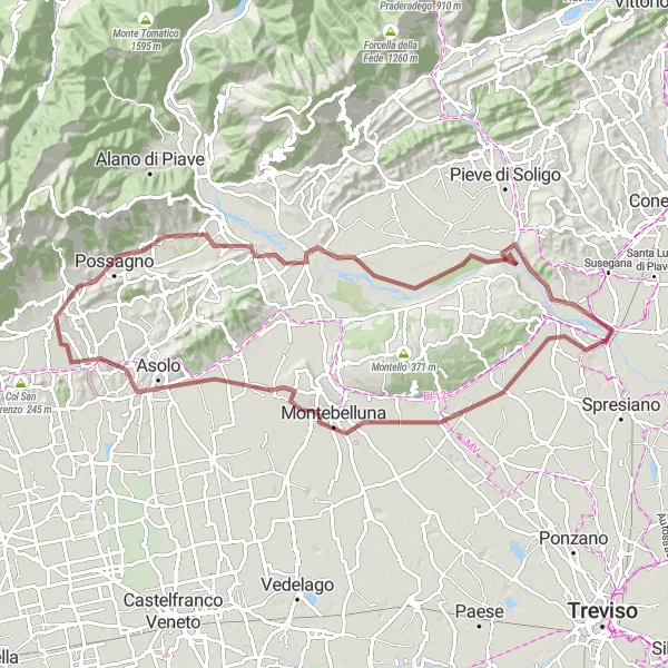 Mapa miniatúra "Gravelová trasa okolo Crespano del Grappa" cyklistická inšpirácia v Veneto, Italy. Vygenerované cyklistickým plánovačom trás Tarmacs.app