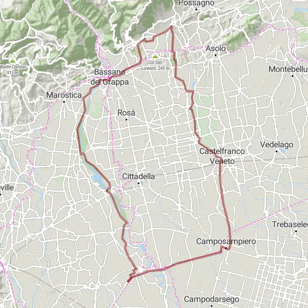 Zemljevid v pomanjšavi "Potovanje skozi zgodovinske vasice in gradove" kolesarske inspiracije v Veneto, Italy. Generirano z načrtovalcem kolesarskih poti Tarmacs.app