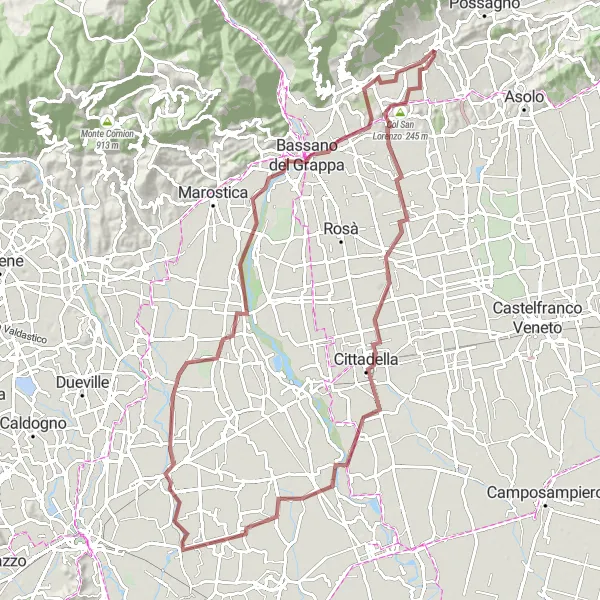 Mapa miniatúra "Gravel okruh cez Bassano del Grappa a Quinto Vicentino" cyklistická inšpirácia v Veneto, Italy. Vygenerované cyklistickým plánovačom trás Tarmacs.app