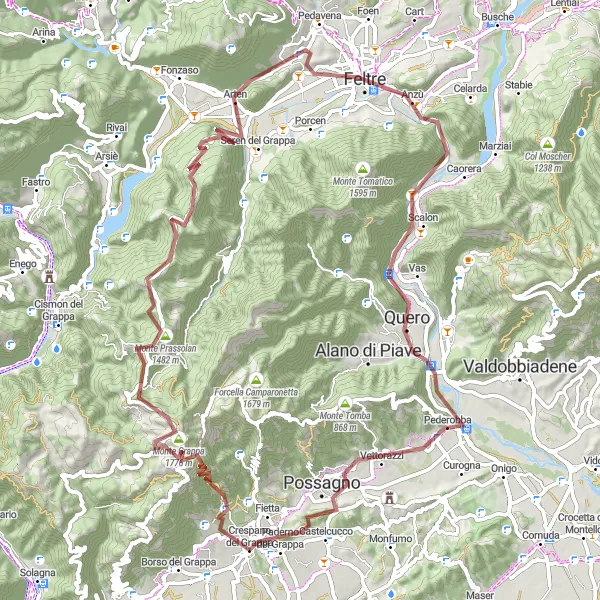 Miniatua del mapa de inspiración ciclista "Aventura en bicicleta de grava por las montañas de Veneto" en Veneto, Italy. Generado por Tarmacs.app planificador de rutas ciclistas