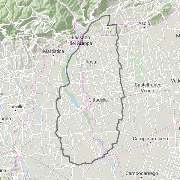 Zemljevid v pomanjšavi "Odkrivanje čarobnih vasice in zgodovinskih znamenitosti" kolesarske inspiracije v Veneto, Italy. Generirano z načrtovalcem kolesarskih poti Tarmacs.app