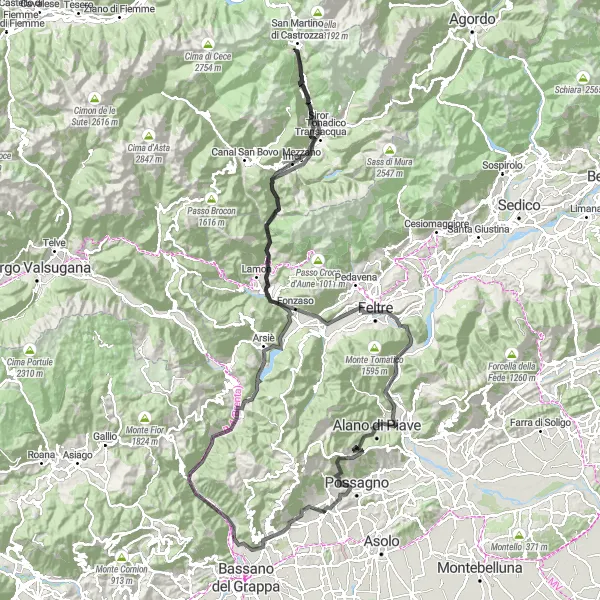 Miniatua del mapa de inspiración ciclista "Ruta de Ciclismo de Carretera por Monte Tomba" en Veneto, Italy. Generado por Tarmacs.app planificador de rutas ciclistas