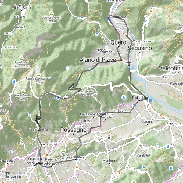 Map miniature of "Route of Legends" cycling inspiration in Veneto, Italy. Generated by Tarmacs.app cycling route planner