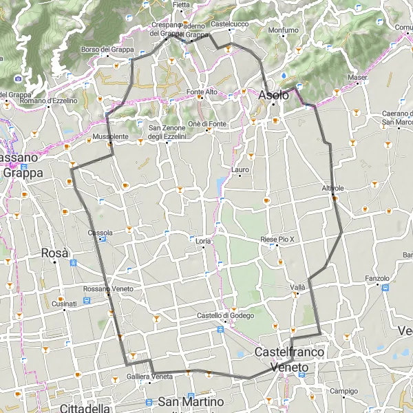 Miniatua del mapa de inspiración ciclista "Ruta de ciclismo de carretera cerca de Crespano del Grappa" en Veneto, Italy. Generado por Tarmacs.app planificador de rutas ciclistas