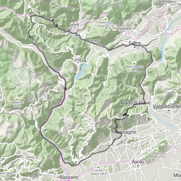 Map miniature of "The Grappa Challenge" cycling inspiration in Veneto, Italy. Generated by Tarmacs.app cycling route planner