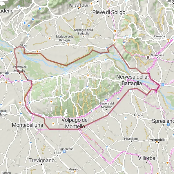 Miniatura della mappa di ispirazione al ciclismo "Avventura in bicicletta tra Crocetta del Montello e Vidor" nella regione di Veneto, Italy. Generata da Tarmacs.app, pianificatore di rotte ciclistiche