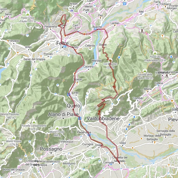 Mapa miniatúra "Náročný gravelový okruh kolem Monte Barbaria" cyklistická inšpirácia v Veneto, Italy. Vygenerované cyklistickým plánovačom trás Tarmacs.app