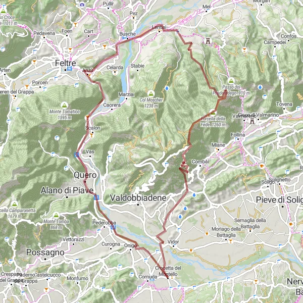 Mapa miniatúra "Gravelové dobrodružstvo v okolí Montella" cyklistická inšpirácia v Veneto, Italy. Vygenerované cyklistickým plánovačom trás Tarmacs.app