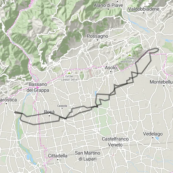 Miniatura della mappa di ispirazione al ciclismo "Scoperta in bicicletta di Maser e dintorni" nella regione di Veneto, Italy. Generata da Tarmacs.app, pianificatore di rotte ciclistiche