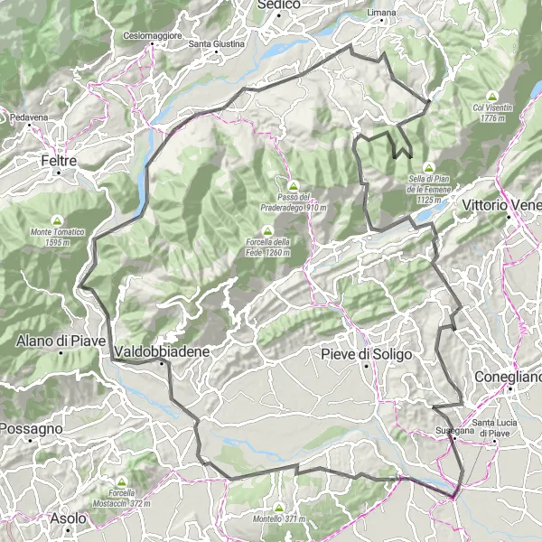 Miniatura della mappa di ispirazione al ciclismo "Tra le Vette del Montello e le Rive del Piave" nella regione di Veneto, Italy. Generata da Tarmacs.app, pianificatore di rotte ciclistiche