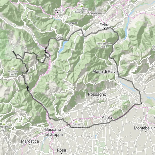 Miniatua del mapa de inspiración ciclista "Ruta de Crocetta del Montello a Feltre" en Veneto, Italy. Generado por Tarmacs.app planificador de rutas ciclistas