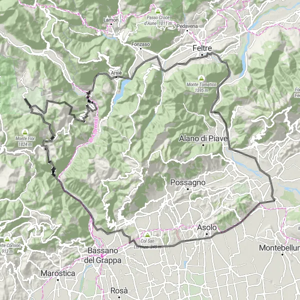 Miniaturekort af cykelinspirationen "Crocetta del Montello Loop" i Veneto, Italy. Genereret af Tarmacs.app cykelruteplanlægger