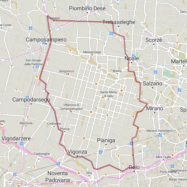 Miniatuurkaart van de fietsinspiratie "Rondrit vanuit Dolo naar Vigonza, Camposampiero, Noale en Scaltenigo" in Veneto, Italy. Gemaakt door de Tarmacs.app fietsrouteplanner