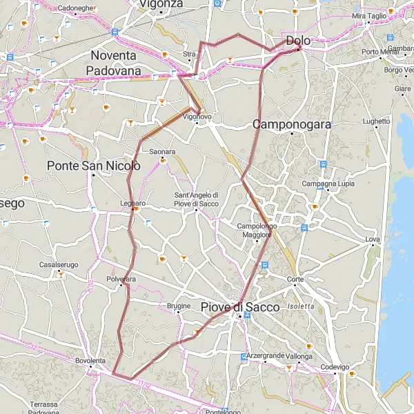 Zemljevid v pomanjšavi "Raziščite skrite kotičke ob Dolo na makadamski poti" kolesarske inspiracije v Veneto, Italy. Generirano z načrtovalcem kolesarskih poti Tarmacs.app