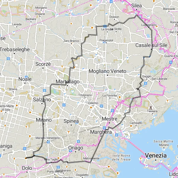Mapa miniatúra "Road Route near Dolo" cyklistická inšpirácia v Veneto, Italy. Vygenerované cyklistickým plánovačom trás Tarmacs.app
