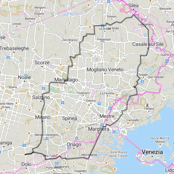 Miniatura della mappa di ispirazione al ciclismo "Esplorazione Stradale tra Mirano e Mira Taglio" nella regione di Veneto, Italy. Generata da Tarmacs.app, pianificatore di rotte ciclistiche