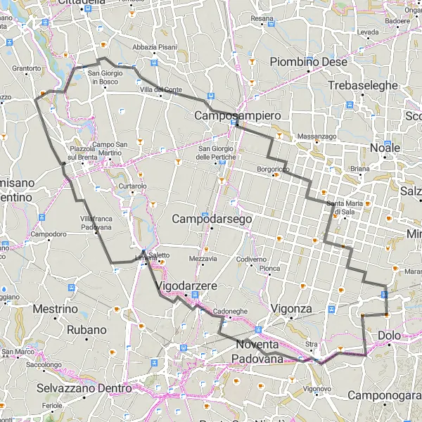 Miniatura della mappa di ispirazione al ciclismo "Giro in Road da Dolo a Ballò" nella regione di Veneto, Italy. Generata da Tarmacs.app, pianificatore di rotte ciclistiche