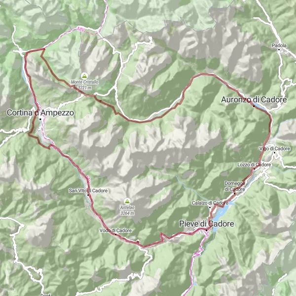 Mapa miniatúra "Gravelová cyklistická trasa od Domegge di Cadore" cyklistická inšpirácia v Veneto, Italy. Vygenerované cyklistickým plánovačom trás Tarmacs.app
