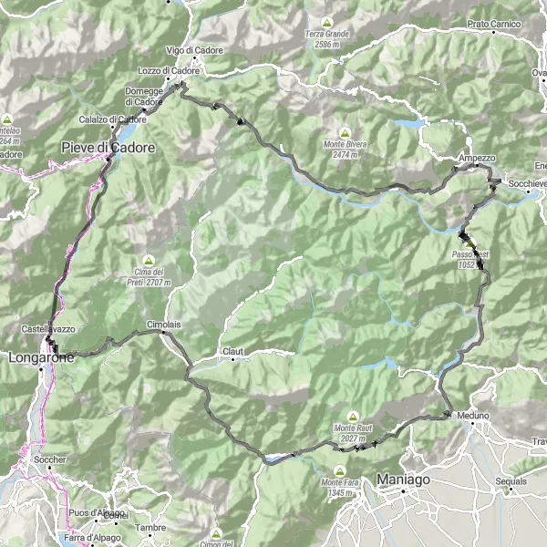 Mapa miniatúra "Epická cyklistická výzva od Domegge di Cadore po Cadore" cyklistická inšpirácia v Veneto, Italy. Vygenerované cyklistickým plánovačom trás Tarmacs.app