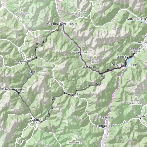 Miniature de la carte de l'inspiration cycliste "Tour de la Majesté des Dolomites" dans la Veneto, Italy. Générée par le planificateur d'itinéraire cycliste Tarmacs.app