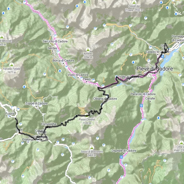Miniatua del mapa de inspiración ciclista "Ruta escénica por los Dolomitas en bicicleta de carretera" en Veneto, Italy. Generado por Tarmacs.app planificador de rutas ciclistas