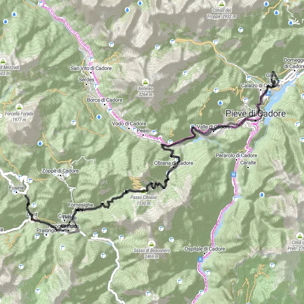 Karttaminiaatyyri "Reitti Domegge di Cadore - Monte Ricco - Cibiana di Cadore - Monte Rite - Col Baion - Passo Cibiana - Sebbie - Tai di Cadore" pyöräilyinspiraatiosta alueella Veneto, Italy. Luotu Tarmacs.app pyöräilyreittisuunnittelijalla