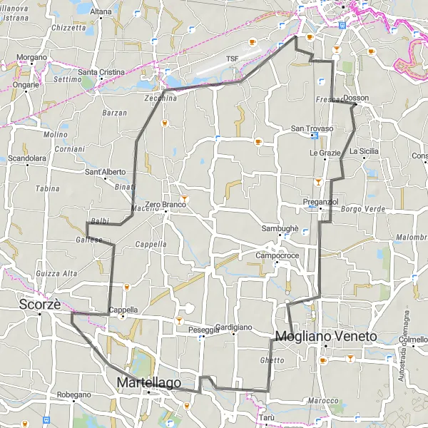 Karten-Miniaturansicht der Radinspiration "Fahrradroute von Dosson nach Cappella" in Veneto, Italy. Erstellt vom Tarmacs.app-Routenplaner für Radtouren