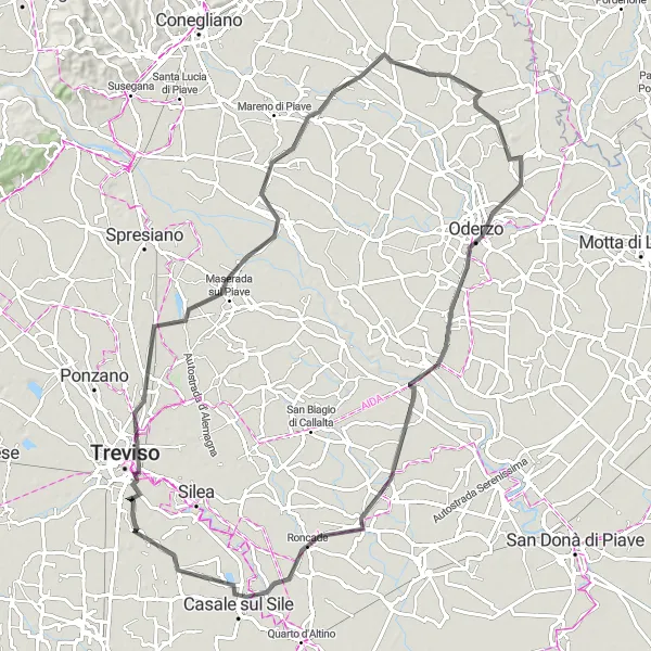 Miniatura della mappa di ispirazione al ciclismo "Giro in bicicletta da Treviso a Casale sul Sile" nella regione di Veneto, Italy. Generata da Tarmacs.app, pianificatore di rotte ciclistiche