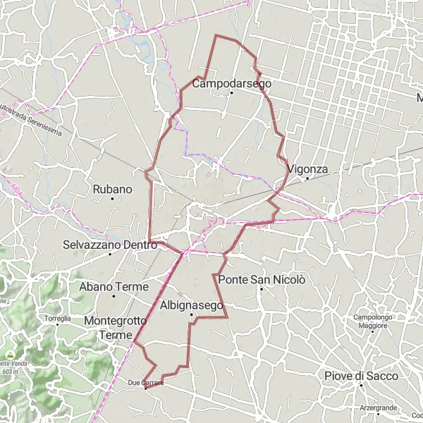 Map miniature of "Gravel Adventure through Villas and Countryside" cycling inspiration in Veneto, Italy. Generated by Tarmacs.app cycling route planner