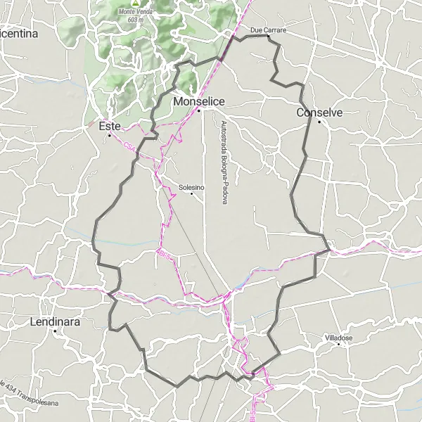 Miniatura della mappa di ispirazione al ciclismo "Da Due Carrare a Battaglia Terme e ritorno" nella regione di Veneto, Italy. Generata da Tarmacs.app, pianificatore di rotte ciclistiche