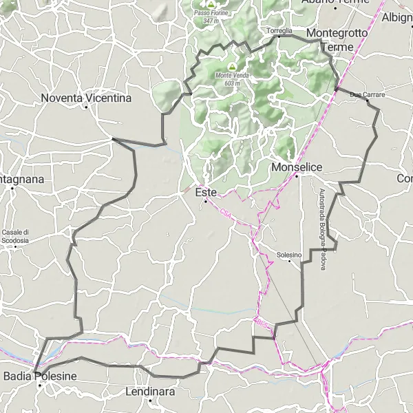 Kartminiatyr av "Utforsk Badia Polesine og Castellaro på sykkeltur" sykkelinspirasjon i Veneto, Italy. Generert av Tarmacs.app sykkelrutoplanlegger