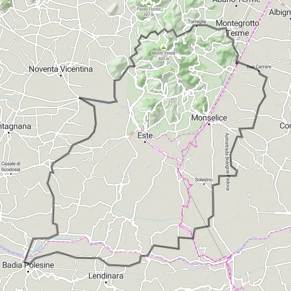 Miniatuurkaart van de fietsinspiratie "Verken de omgeving van Due Carrare met een fietstocht naar Barbona en Badia Polesine" in Veneto, Italy. Gemaakt door de Tarmacs.app fietsrouteplanner