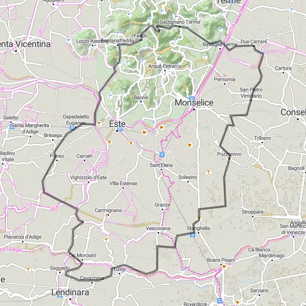 Mapa miniatúra "Okruh cez kopce do Euganejských kopců" cyklistická inšpirácia v Veneto, Italy. Vygenerované cyklistickým plánovačom trás Tarmacs.app