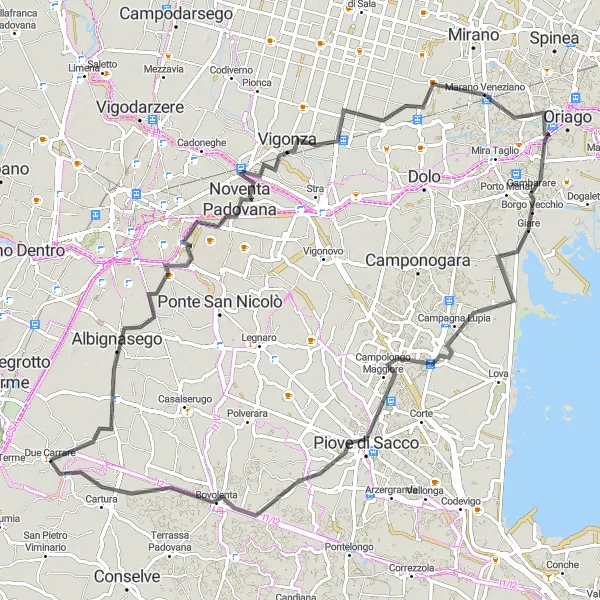 Miniatua del mapa de inspiración ciclista "Ruta de Ciclismo de Carretera a Noventa Padovana" en Veneto, Italy. Generado por Tarmacs.app planificador de rutas ciclistas