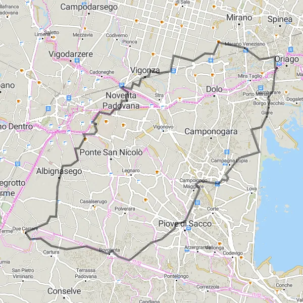 Map miniature of "Circular Road Cycling Route near Due Carrare" cycling inspiration in Veneto, Italy. Generated by Tarmacs.app cycling route planner