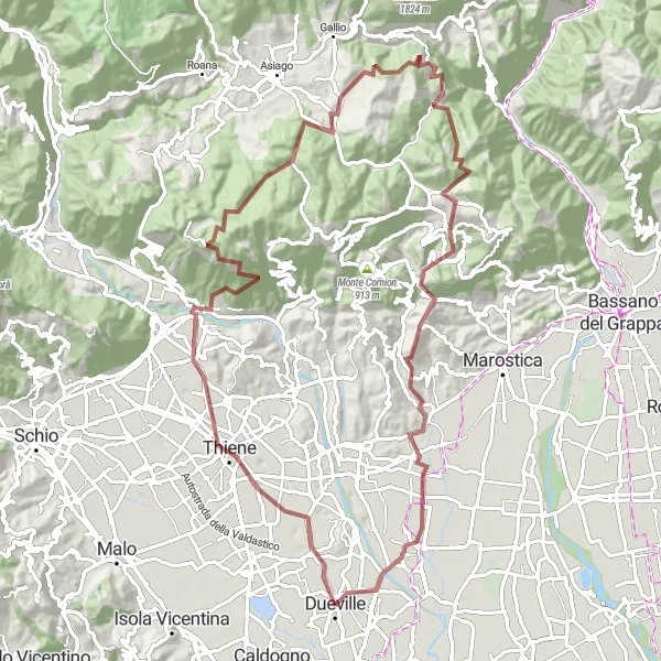 Karttaminiaatyyri "Dueville - Thiene - Monte Zavagnin - Monte Cucco - Monte Valbella - Stoccareddo - Col di Novanta - Crosara di Marostica - Dueville" pyöräilyinspiraatiosta alueella Veneto, Italy. Luotu Tarmacs.app pyöräilyreittisuunnittelijalla