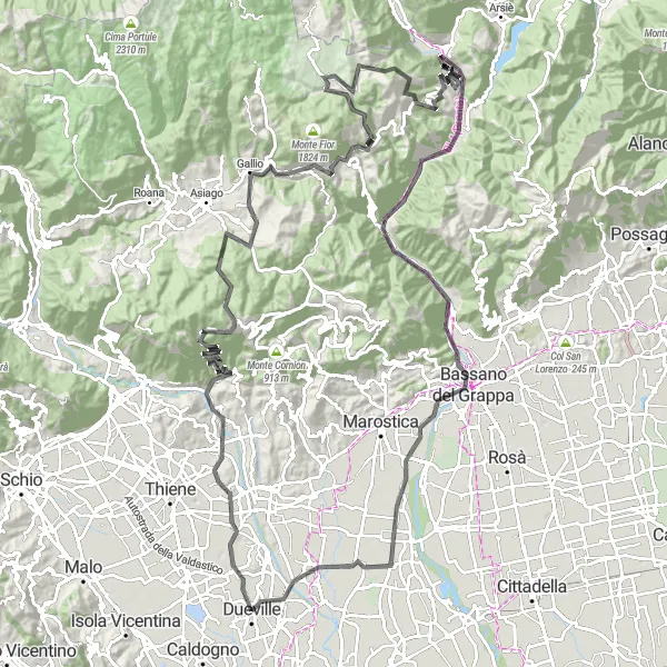 Kartminiatyr av "Lugo di Vicenza til Sandrigo via Col di Grado" sykkelinspirasjon i Veneto, Italy. Generert av Tarmacs.app sykkelrutoplanlegger