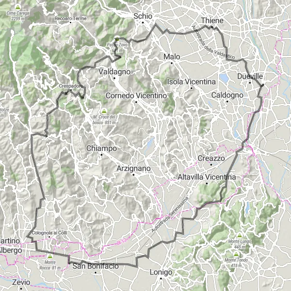 Kartminiatyr av "Dueville till Dueville via Passo Zovo cykelrutt" cykelinspiration i Veneto, Italy. Genererad av Tarmacs.app cykelruttplanerare