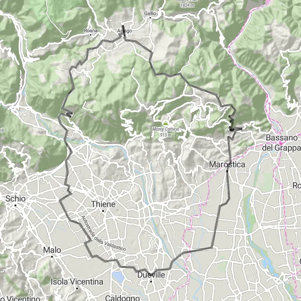 Zemljevid v pomanjšavi "Cestna kolesarska pot v bližini Duevilla" kolesarske inspiracije v Veneto, Italy. Generirano z načrtovalcem kolesarskih poti Tarmacs.app
