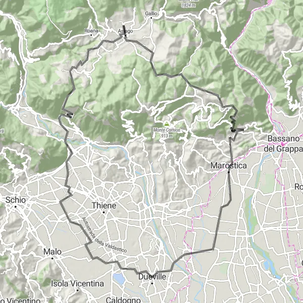 Karttaminiaatyyri "Dueville - Sandrigo maastopyöräilykierros" pyöräilyinspiraatiosta alueella Veneto, Italy. Luotu Tarmacs.app pyöräilyreittisuunnittelijalla