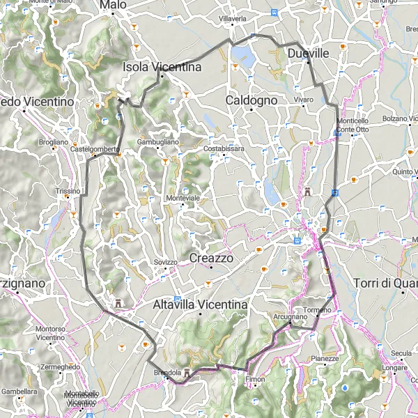 Miniature de la carte de l'inspiration cycliste "Tour autour de Dueville et ses environs" dans la Veneto, Italy. Générée par le planificateur d'itinéraire cycliste Tarmacs.app