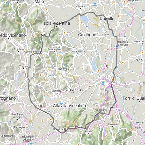 Miniatuurkaart van de fietsinspiratie "Rondje fietsen vanuit Dueville" in Veneto, Italy. Gemaakt door de Tarmacs.app fietsrouteplanner