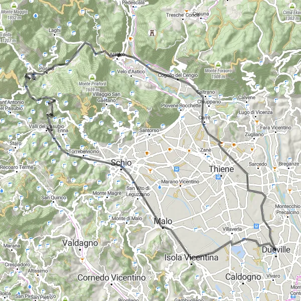 Miniatuurkaart van de fietsinspiratie "Bergachtige Road Cycling Route rond Dueville" in Veneto, Italy. Gemaakt door de Tarmacs.app fietsrouteplanner