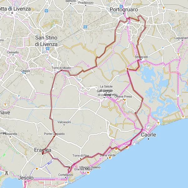 Miniaturní mapa "Gravel Route around Eraclea" inspirace pro cyklisty v oblasti Veneto, Italy. Vytvořeno pomocí plánovače tras Tarmacs.app