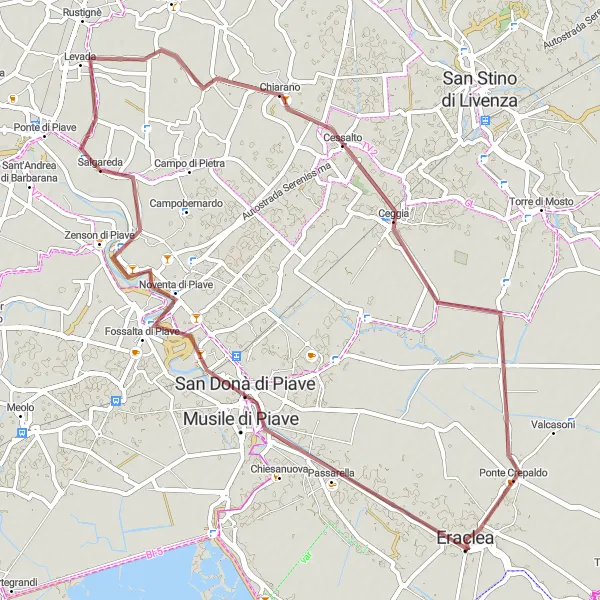 Miniaturní mapa "Gravelová trasa kolem Eraclea" inspirace pro cyklisty v oblasti Veneto, Italy. Vytvořeno pomocí plánovače tras Tarmacs.app