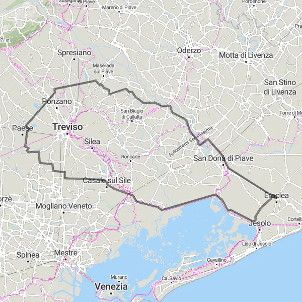 Miniaturní mapa "Okružní cyklistická trasa z Eraclea" inspirace pro cyklisty v oblasti Veneto, Italy. Vytvořeno pomocí plánovače tras Tarmacs.app