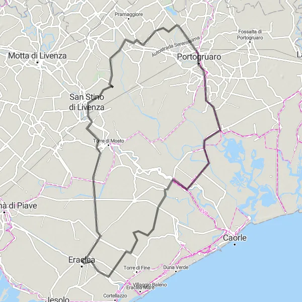 Map miniature of "The Scenic Road Journey to Portogruaro" cycling inspiration in Veneto, Italy. Generated by Tarmacs.app cycling route planner