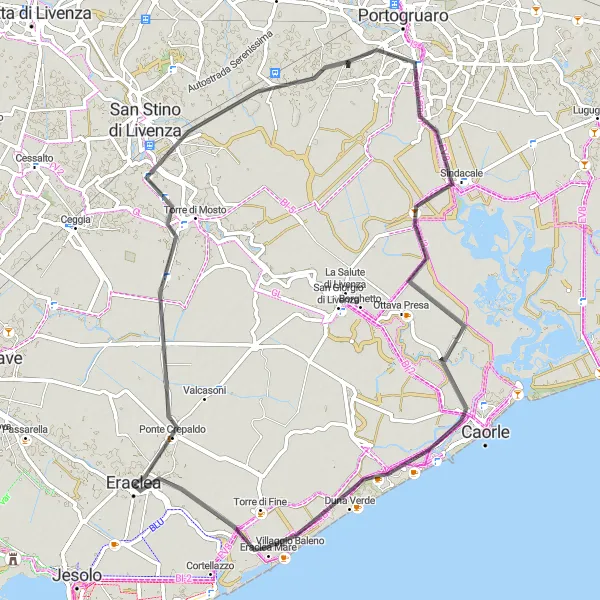 Map miniature of "Discovering Mazzolada and Eraclea Mare" cycling inspiration in Veneto, Italy. Generated by Tarmacs.app cycling route planner